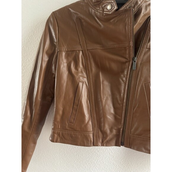 MICHAEL KORS Jacket 100% lambskin Leather Asymmetric Zip Brown luggage NWT - Picture 8 of 16